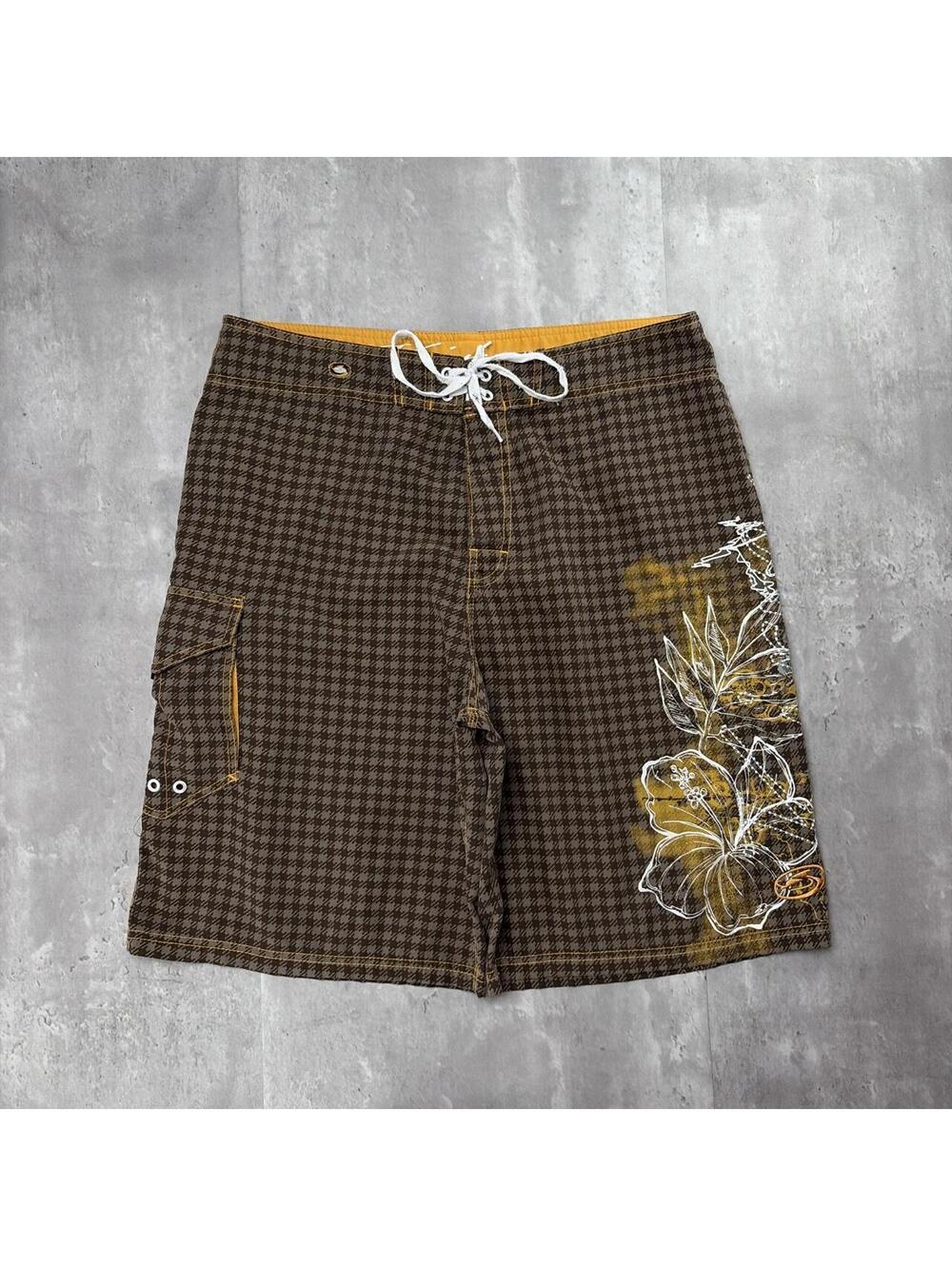 Y2K Brown Kirra Surf Grunge Plaid Baggy Floral Board Shorts